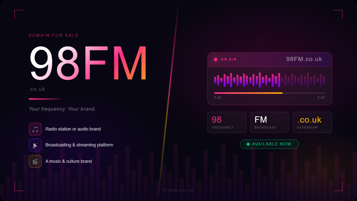 Branding mockup featuring 98FM.co.uk with radio player UI and waveform graphic. Style: bold, dark, pink-gradient broadcast.