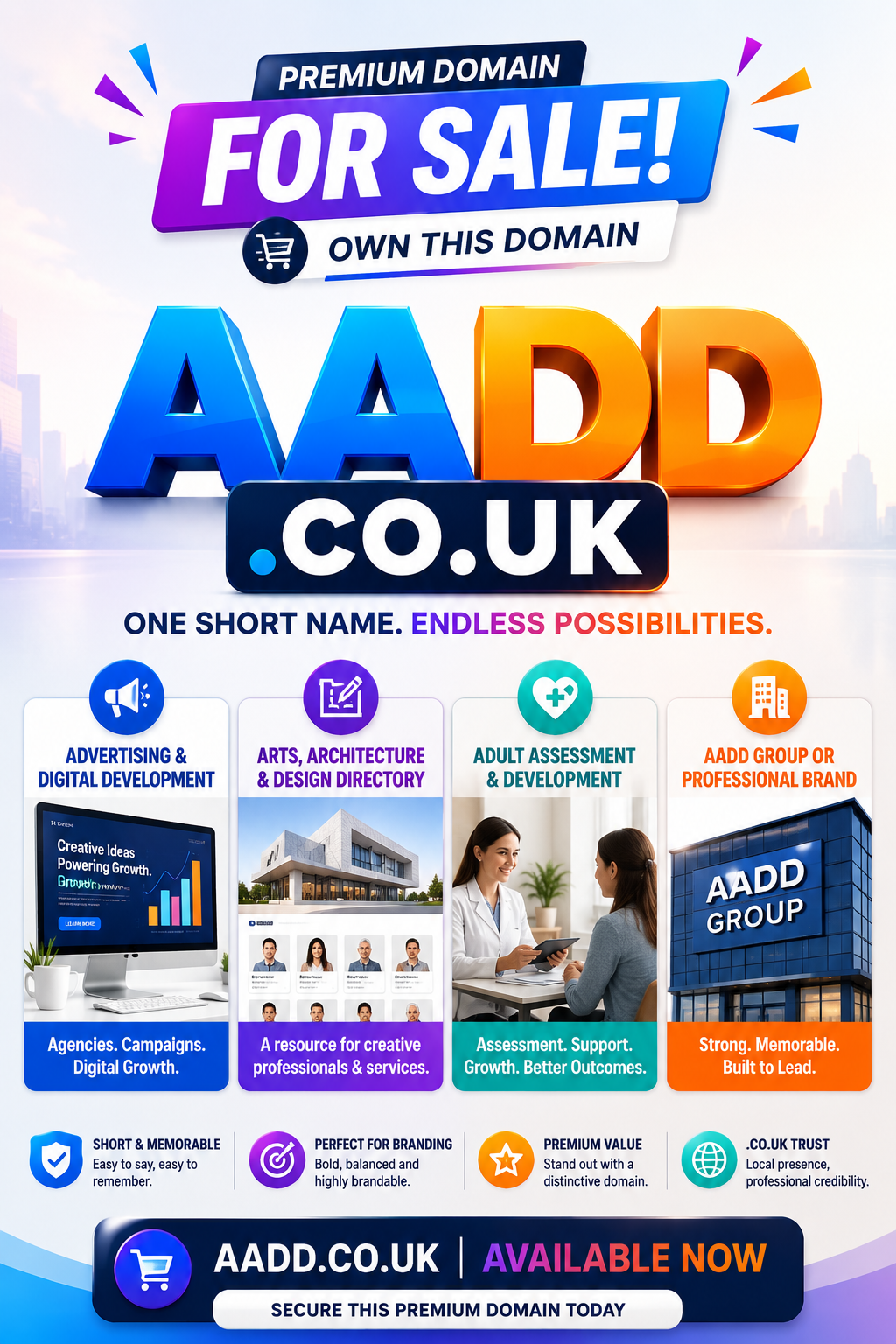 Promotional graphic featuring the domain AADD.co.uk, shown with business icons and branding panels. Style: bright, modern and professional.