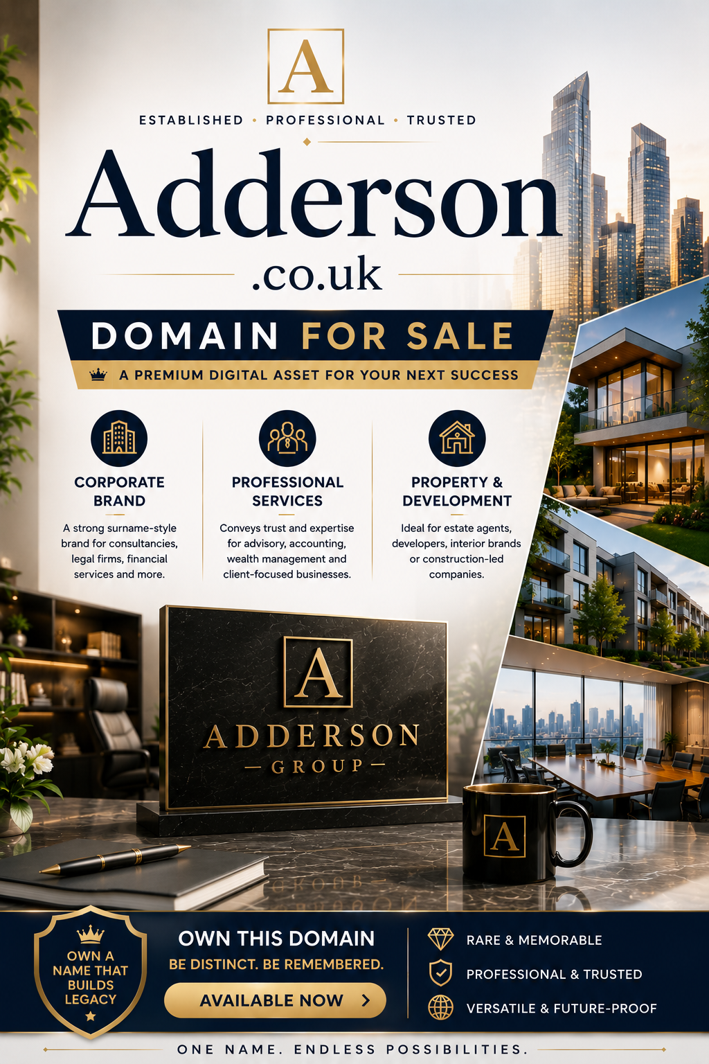 Promotional banner featuring the domain adderson.co.uk with luxury office branding and modern property visuals. Style: premium corporate elegance.