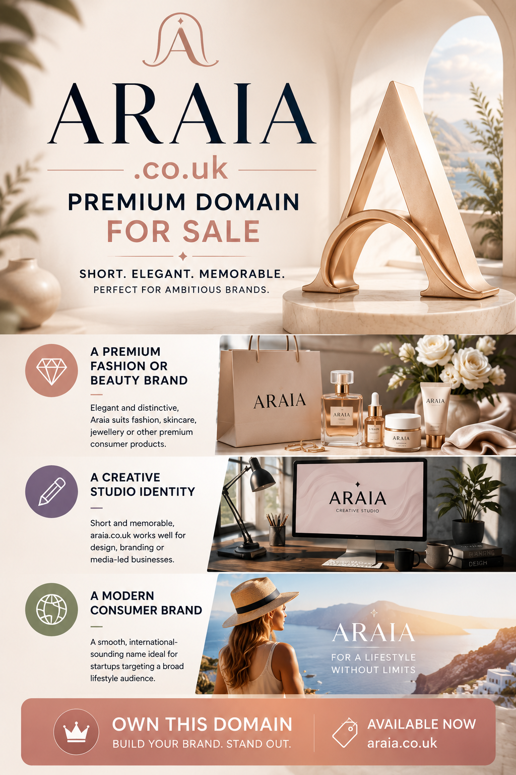 Promotional graphic featuring the domain Araia.co.uk, shown with luxury fashion imagery and a sculpted A monogram. Style: elegant modern branding.