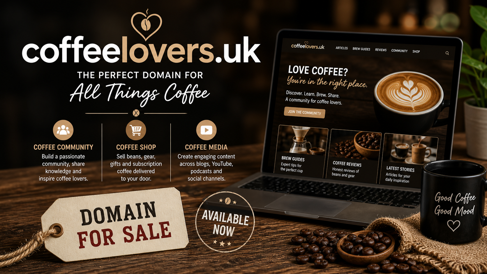 Promotional graphic featuring the domain coffeelovers.uk, shown with latte art and coffee icons. Style: warm modern caf�.