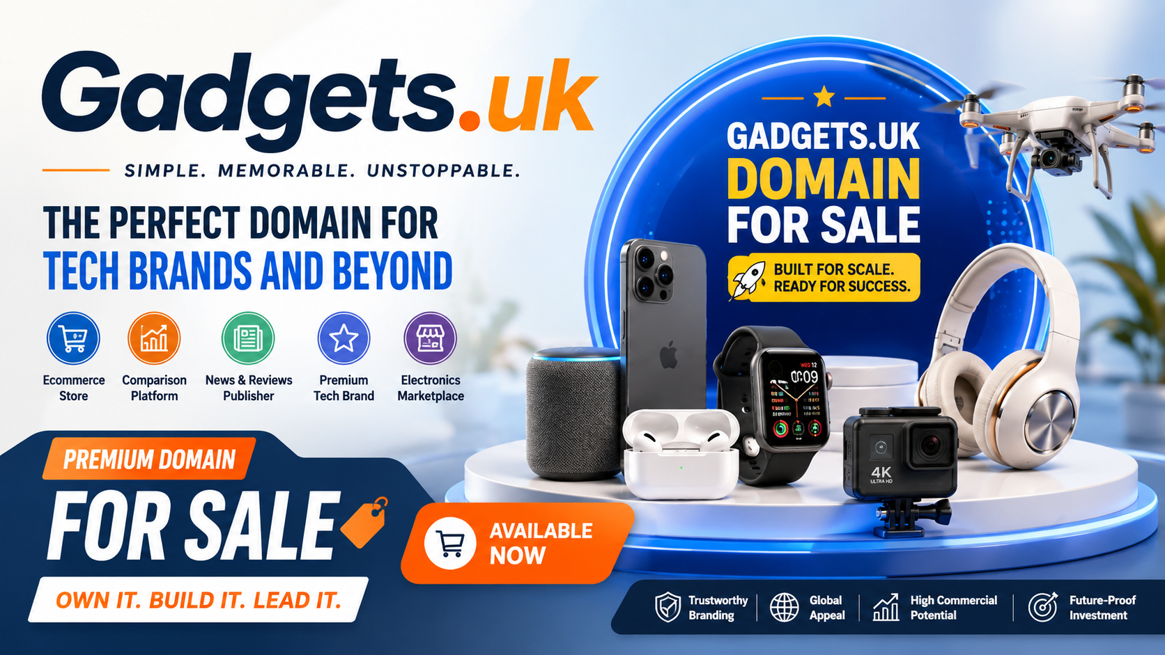Promotional graphic featuring the domain Gadgets.uk with smart devices, drones and ecommerce branding. Style: bright premium tech.