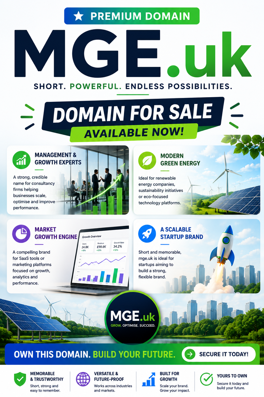 Promotional graphic featuring the domain MGE.uk with renewable energy and business growth visuals. Style: bright modern startup branding.