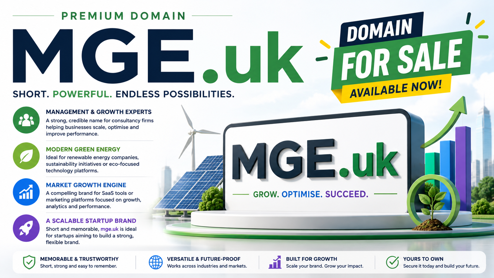 Promotional graphic featuring the domain MGE.uk with renewable energy and business growth visuals. Style: bright modern startup branding.