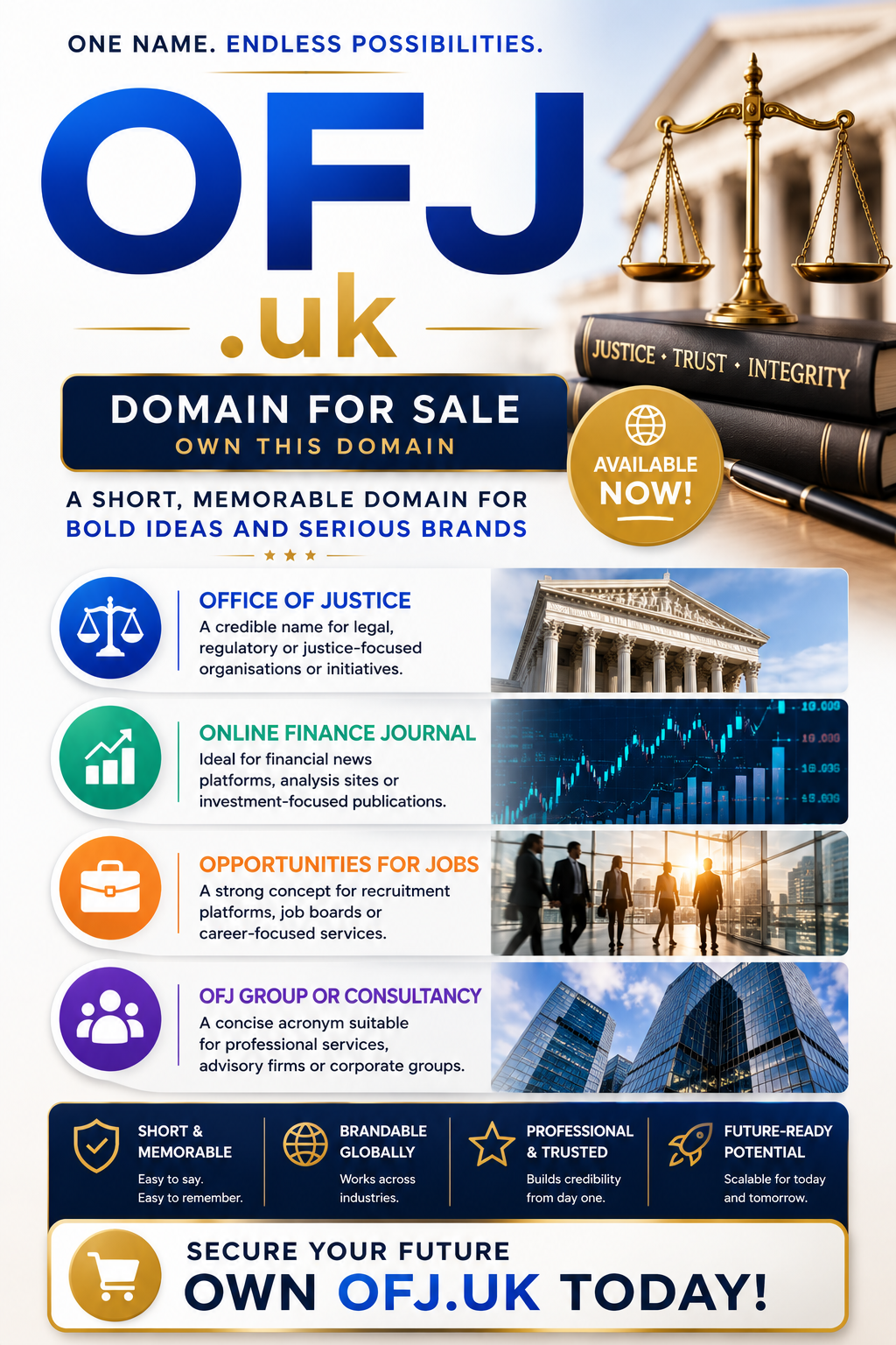 Promotional graphic featuring the domain OFJ.uk with legal, finance and consultancy visuals. Style: bright modern corporate branding.